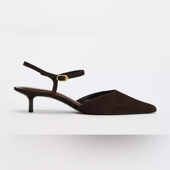 NWT Zara Chocolate Brown Suede Pointed Kitten Heels - Picture 6 of 6